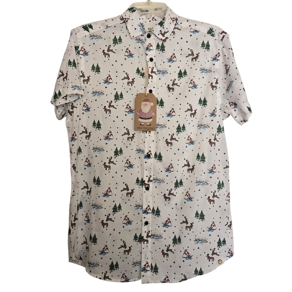 NWT Free Planet White Festive Santa Sleigh Reindeer Christmas Print Men's Shirt